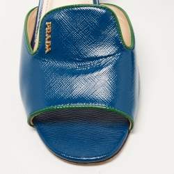 Pre Owned Prada Blue Saffiano Vernice Leather Slide Sandals Size 37