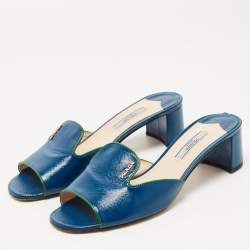 Pre Owned Prada Blue Saffiano Vernice Leather Slide Sandals Size 37