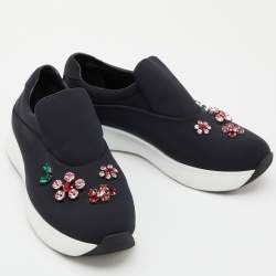 Pre Owned Prada Black Neoprene Crystal Embellished Slip On Sneakers Size 38.5