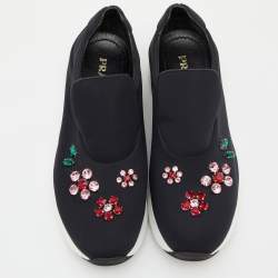 Pre Owned Prada Black Neoprene Crystal Embellished Slip On Sneakers Size 38.5