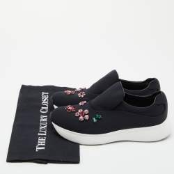 Pre Owned Prada Black Neoprene Crystal Embellished Slip On Sneakers Size 38.5
