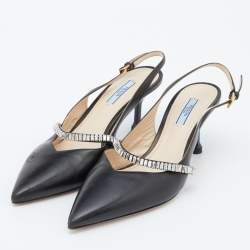 مملوكة مسبقًا Prada Black Leather Crystal Embellished Slingback Pumps Size 39