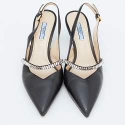 مملوكة مسبقًا Prada Black Leather Crystal Embellished Slingback Pumps Size 39