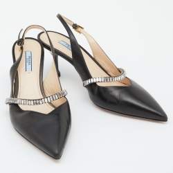 مملوكة مسبقًا Prada Black Leather Crystal Embellished Slingback Pumps Size 39