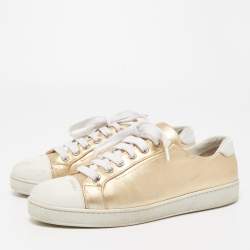 Pre Owned Prada Gold/White Leather and Rubber Low Top Sneakers Size 38