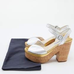 Prada Silver/Gold Leather Platform Block Heel Ankle Strap Sandals Size 38