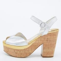 Prada Silver/Gold Leather Platform Block Heel Ankle Strap Sandals Size 38