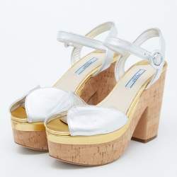 Prada Silver/Gold Leather Platform Block Heel Ankle Strap Sandals Size 38
