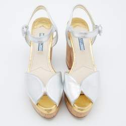 Prada Silver/Gold Leather Platform Block Heel Ankle Strap Sandals Size 38