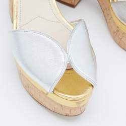 Prada Silver/Gold Leather Platform Block Heel Ankle Strap Sandals Size 38