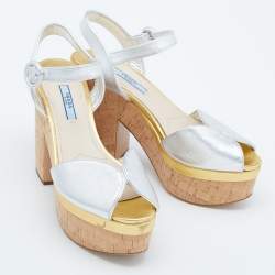 Prada Silver/Gold Leather Platform Block Heel Ankle Strap Sandals Size 38