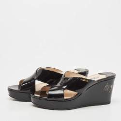 Prada Black Patent Leather Platform Wedge Slide Sandals Size 38