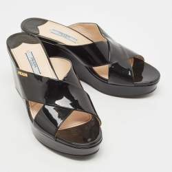 Prada Black Patent Leather Platform Wedge Slide Sandals Size 38