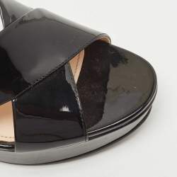 Prada Black Patent Leather Platform Wedge Slide Sandals Size 38