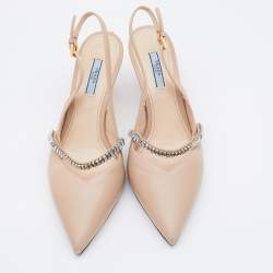 Pre Owned حذاء كعب عالي برادا مزين فيونكة فتحة كعب جلد سافيانو لامع بيج مقاس 36.5