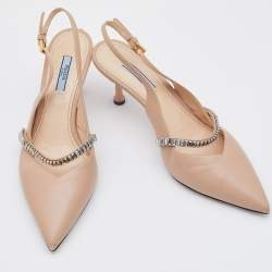 Pre Owned حذاء كعب عالي برادا مزين فيونكة فتحة كعب جلد سافيانو لامع بيج مقاس 36.5