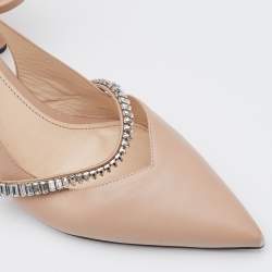 Pre Owned حذاء كعب عالي برادا مزين فيونكة فتحة كعب جلد سافيانو لامع بيج مقاس 36.5