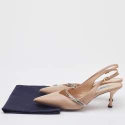 Pre Owned حذاء كعب عالي برادا مزين فيونكة فتحة كعب جلد سافيانو لامع بيج مقاس 36.5