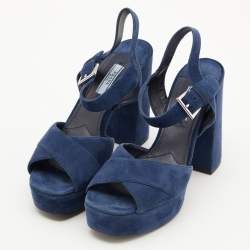 Prada Blue Suede Block Heel Platform Ankle Strap Sandals Size 38.5