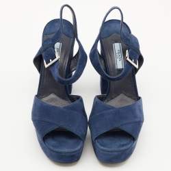 Prada Blue Suede Block Heel Platform Ankle Strap Sandals Size 38.5