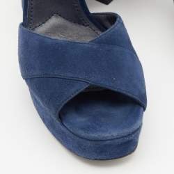 Prada Blue Suede Block Heel Platform Ankle Strap Sandals Size 38.5