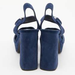 Prada Blue Suede Block Heel Platform Ankle Strap Sandals Size 38.5