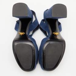 Prada Blue Suede Block Heel Platform Ankle Strap Sandals Size 38.5