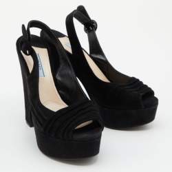 Pre Owned Prada Black Pleated Suede Peep Toe Platform Slingback Pumps Size 38.5