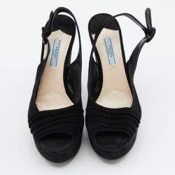 Pre Owned Prada Black Pleated Suede Peep Toe Platform Slingback Pumps Size 38.5