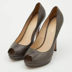 Pre Owned Prada Grey Leather Peep Toe Platform Pumps Size 38