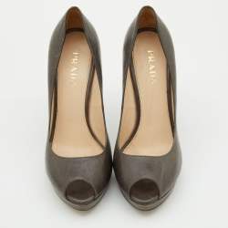 Pre Owned Prada Grey Leather Peep Toe Platform Pumps Size 38