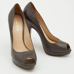 Pre Owned Prada Grey Leather Peep Toe Platform Pumps Size 38