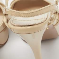 Prada Beige Patent Leather Cross Strap Platform Ankle Strap Sandals Size 37.5