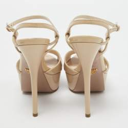 Prada Beige Patent Leather Cross Strap Platform Ankle Strap Sandals Size 37.5