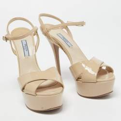 Prada Beige Patent Leather Cross Strap Platform Ankle Strap Sandals Size 37.5