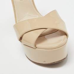 Prada Beige Patent Leather Cross Strap Platform Ankle Strap Sandals Size 37.5