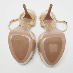 Prada Beige Patent Leather Cross Strap Platform Ankle Strap Sandals Size 37.5