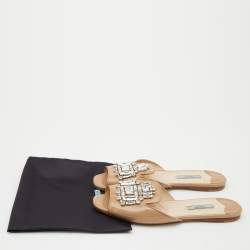 Prada Beige Patent Leather Crystal Embellished Flat Slides Size 38