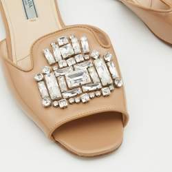 Prada Beige Patent Leather Crystal Embellished Flat Slides Size 38