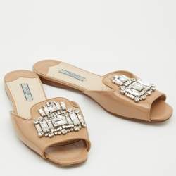 Prada Beige Patent Leather Crystal Embellished Flat Slides Size 38