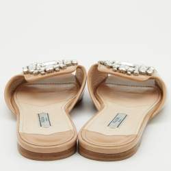 Prada Beige Patent Leather Crystal Embellished Flat Slides Size 38