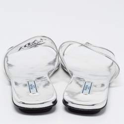 Pre Owned Prada Silver Foil Leather and PVC Flat Slides Size 39.5