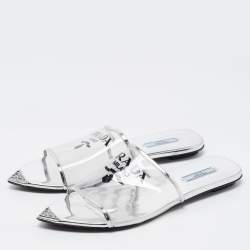 Pre Owned Prada Silver Foil Leather and PVC Flat Slides Size 39.5