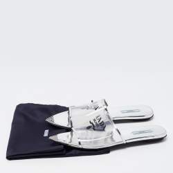 Pre Owned Prada Silver Foil Leather and PVC Flat Slides Size 39.5