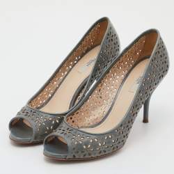 Pre Owned Prada Light Blue Lasercut Leather Peep Toe Pumps Size 38.5