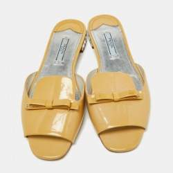 Pre Owned Prada Light Yellow Patent Leather Bow Crystal Embellished Flat Slides Size 37.5