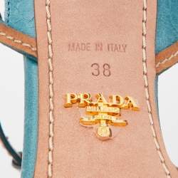 مملوكة مسبقًا Prada Blue/Brown Laser Cut Leather Bow T-Strap Pumps Size 38