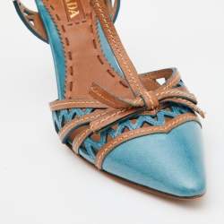 مملوكة مسبقًا Prada Blue/Brown Laser Cut Leather Bow T-Strap Pumps Size 38