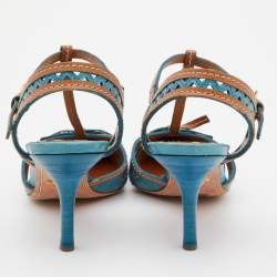 مملوكة مسبقًا Prada Blue/Brown Laser Cut Leather Bow T-Strap Pumps Size 38