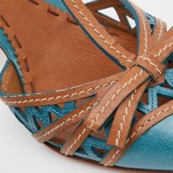 مملوكة مسبقًا Prada Blue/Brown Laser Cut Leather Bow T-Strap Pumps Size 38